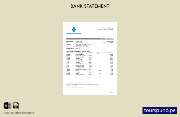 Plantilla de Excel de extracto bancario de la República de Granada lista para im