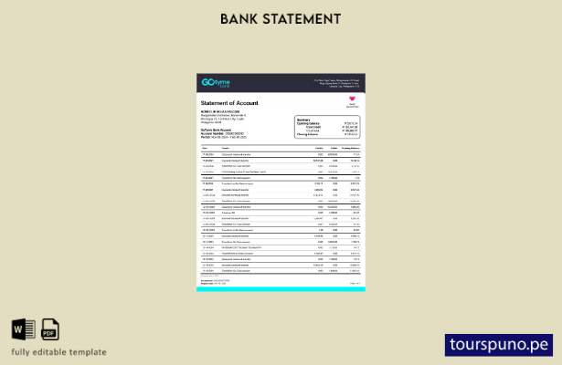 Plantilla de páginas de extracto bancario GoTyme de Filipinas lista para imprimi