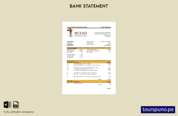 listo para imprimir Burkina Faso Plantilla de Excel de extracto bancario del Ban
