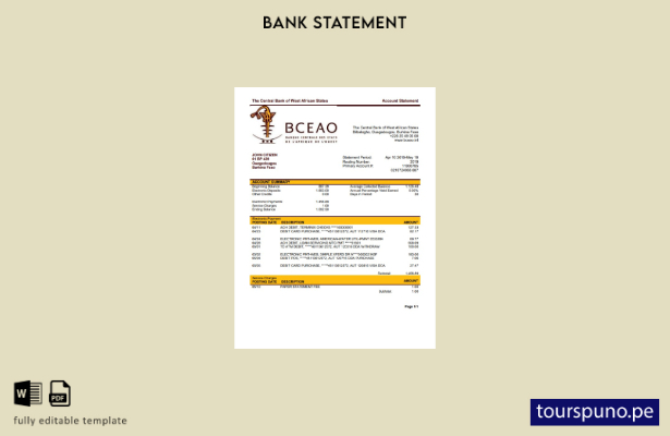 listo para imprimir Burkina Faso Plantilla de Word   extracto bancario del Banco