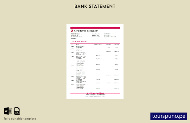 listo para imprimir Plantilla de Excel de extracto bancario de Dinamarca Arbejde