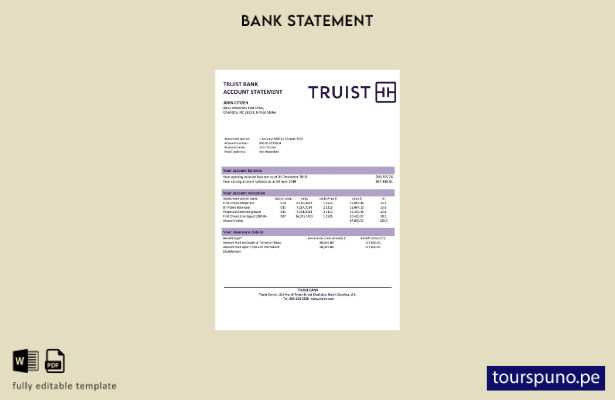 listo para imprimir la palabra extracto bancario USA Truist. plantilla