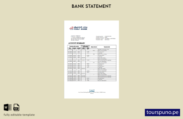 listo para imprimir la palabra extracto bancario del Golfo de Kuwait. plantilla