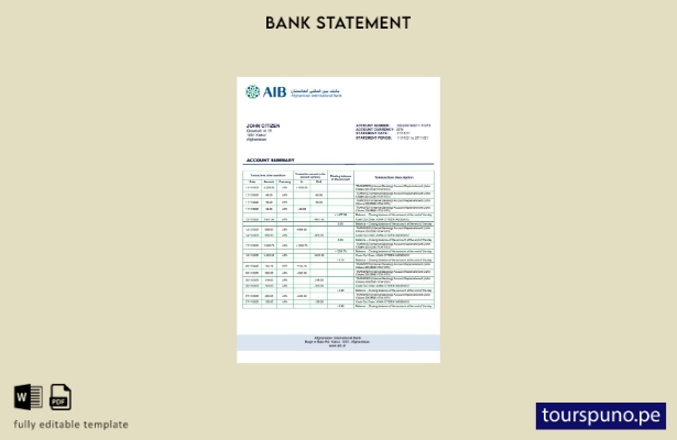 listo para imprimir la plantilla de extracto bancario AIB de Afganistán