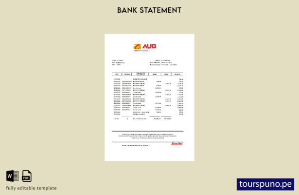 listo para imprimir plantilla de Excel de extracto bancario de AUB de Filipinas