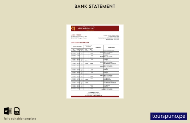 listo para imprimir plantilla de Excel de extracto bancario de Bután Druk PNB