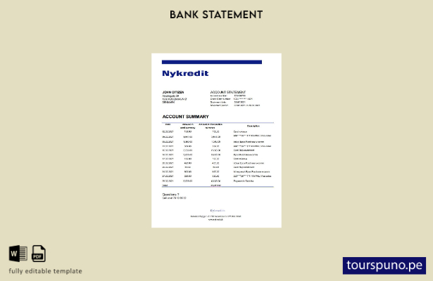 listo para imprimir plantilla de Excel de extracto bancario de Dinamarca Nykredi