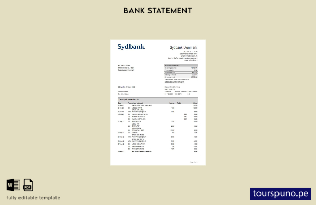 listo para imprimir plantilla de Excel de extracto bancario de Dinamarca Sydbank