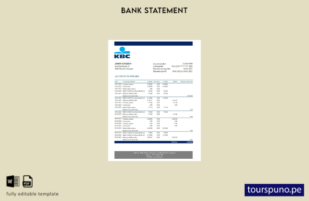 listo para imprimir plantilla de Excel de extracto bancario de KBC de Bélgica