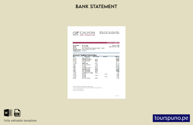 listo para imprimir plantilla de Excel de extracto bancario de Tailandia Calyon