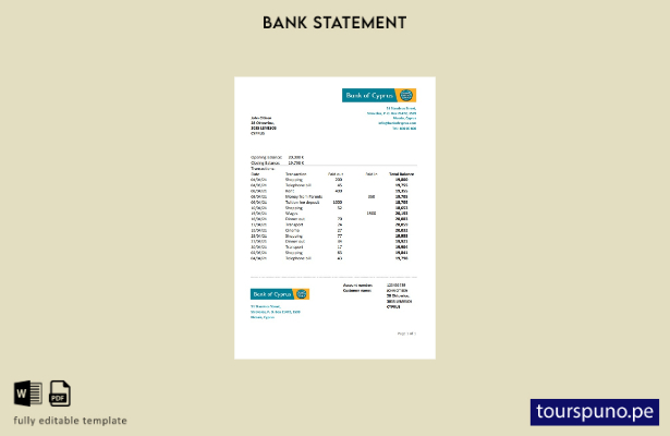 listo para imprimir plantilla de Excel de extracto bancario del Banco de Chipre