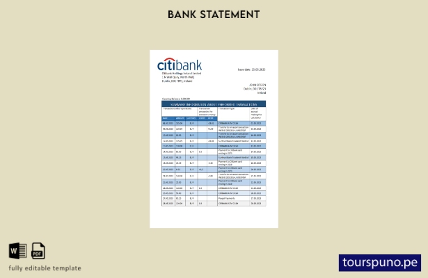 listo para imprimir plantilla de Word   extracto bancario de Citibank de Irlanda