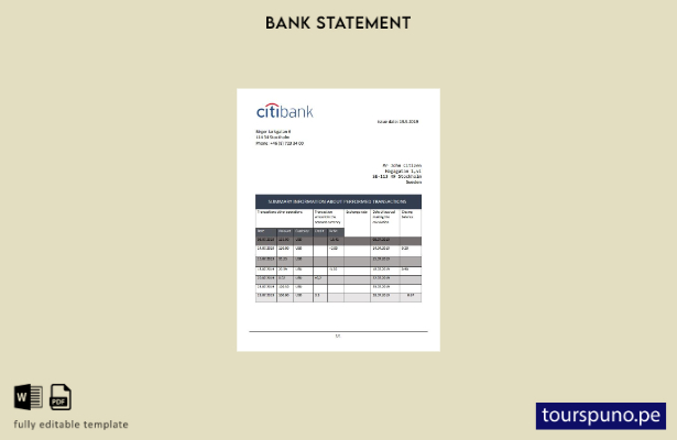 listo para imprimir plantilla de Word   extracto bancario de Citibank de Suecia