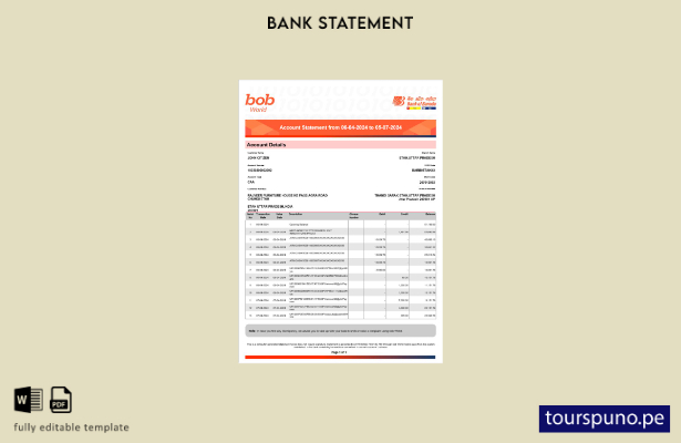listo para imprimir plantilla de Word   extracto bancario de India Bob Bank of B