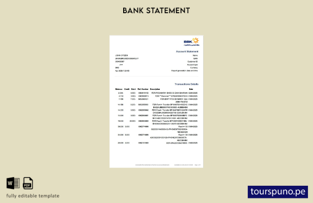 listo para imprimir plantilla de Word del estado de cuenta del Banco de Bahrein