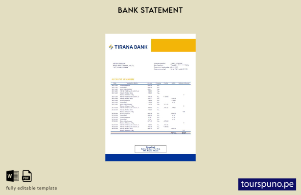 listo para imprimir plantilla de extracto bancario de Albania Tirana