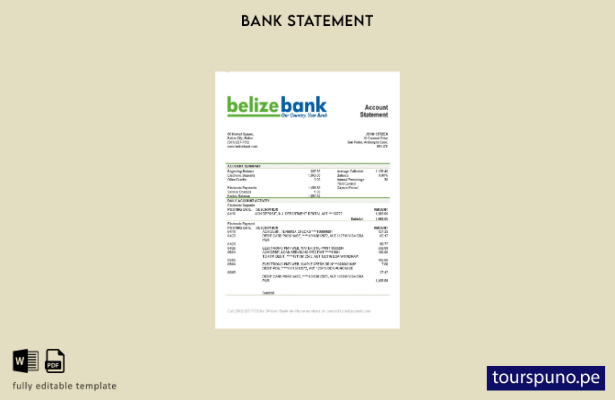 listo para imprimir plantilla de extracto bancario de Belice Belizebank
