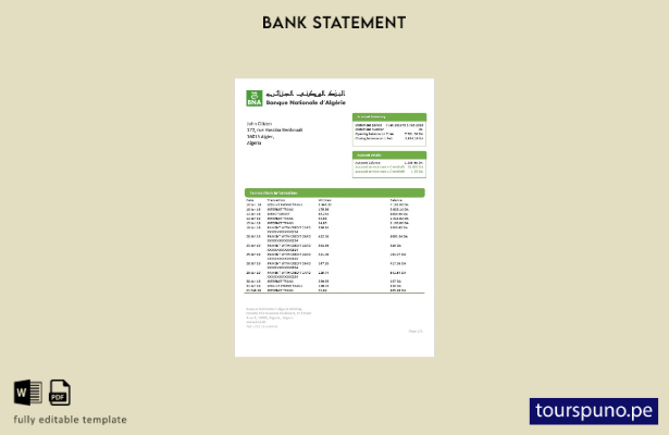 listo para imprimir plantilla de extracto bancario del Banque nationale d'Algéri