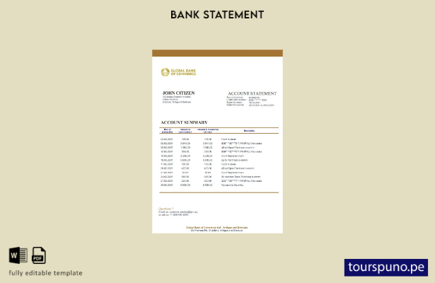 listo para imprimir plantilla de extracto bancario del Global Bank of Commerce d