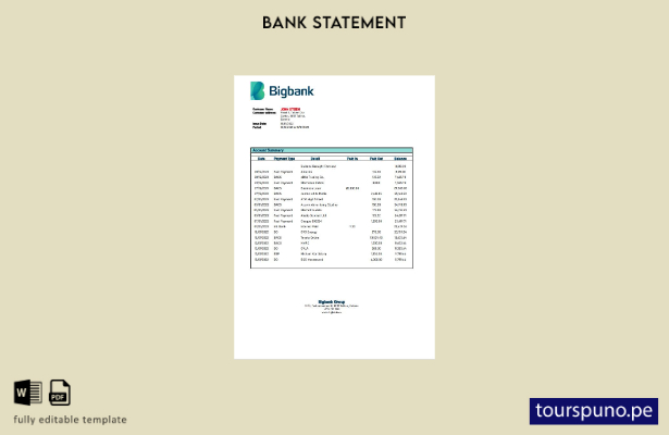 listo para imprimir plantilla de versión en Word del extracto bancario de Estoni
