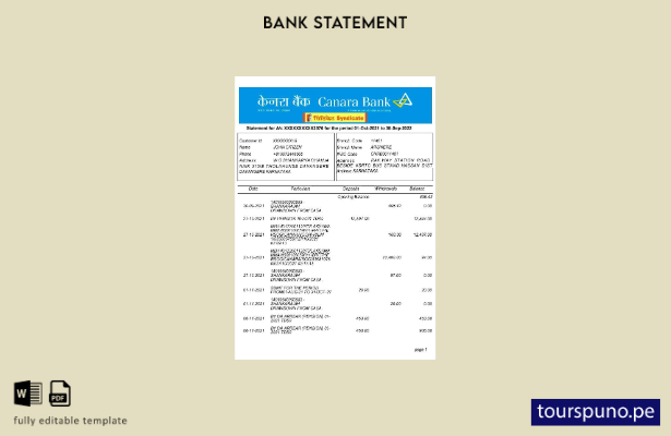 listo para imprimir plantilla de versión en Word del extracto bancario de India