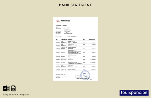 listo para imprimir plantilla de word de extracto de cuenta de Polonia Bank Peka