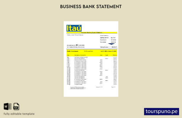 listo para imprimir Plantilla de estado de cuenta empresarial del Banco Itaú Pla