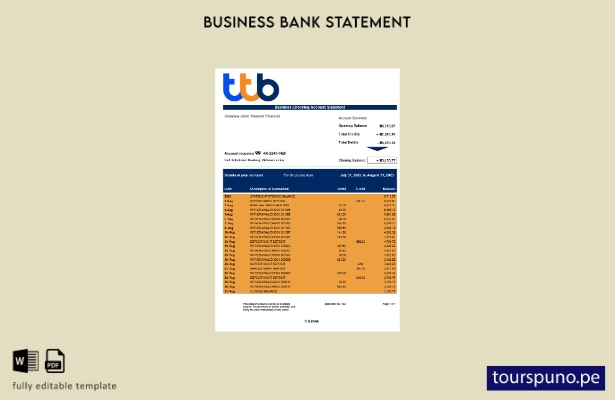 listo para imprimir Plantilla de extracto de cuenta corriente corporativa de TTB