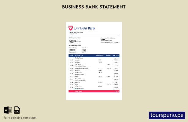 listo para imprimir extracto bancario comercial de Eurasian Bank Plantilla en fo