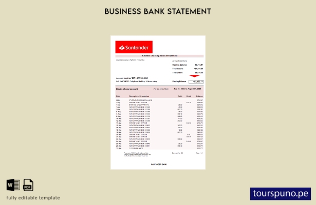listo para imprimir plantilla de extracto de cuenta de empresa del Banco Santand