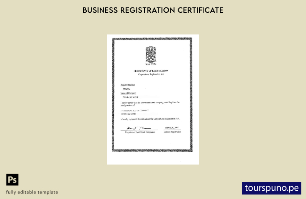 Plantilla de certificado de registro de Nueva Escocia lista para imprimir