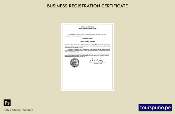 listo para imprimir Certificado de registro de EE. UU. Wyoming Plantilla de Word