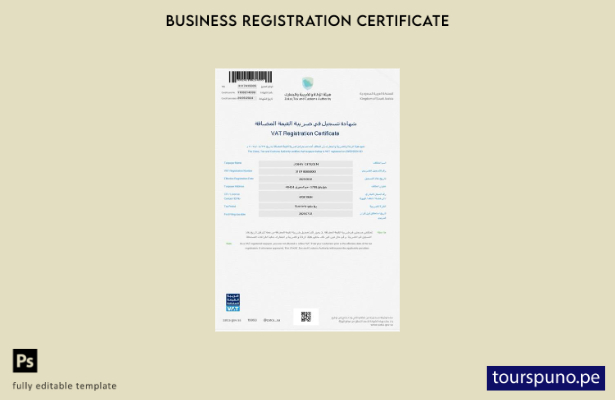 listo para imprimir Certificado de registro de IVA de Arabia Saudita Plantilla d