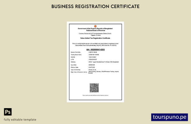 listo para imprimir Certificado de registro de IVA de Bangladesh Plantilla en Wo