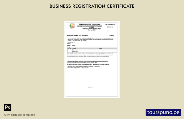listo para imprimir India Tamil Nadu certificado de registro Plantilla en Word y