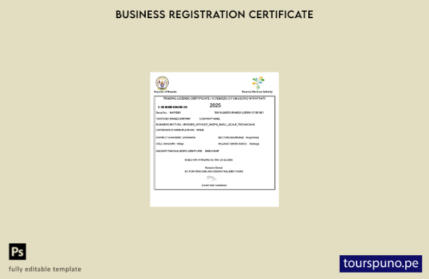 listo para imprimir Plantilla de certificado de licencia comercial de Ruanda Pla