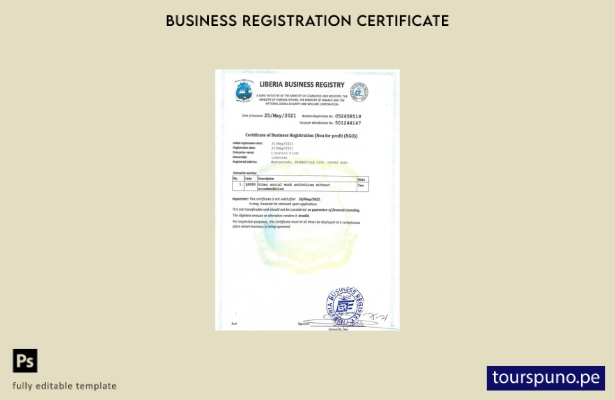 listo para imprimir Plantilla de certificado de registro comercial de Liberia