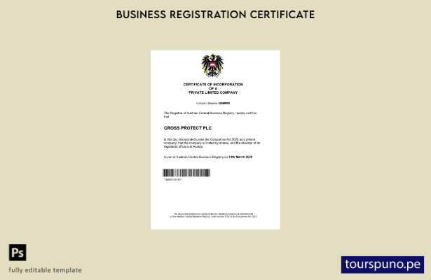 listo para imprimir Plantilla de certificado de registro de Austria Plantilla de