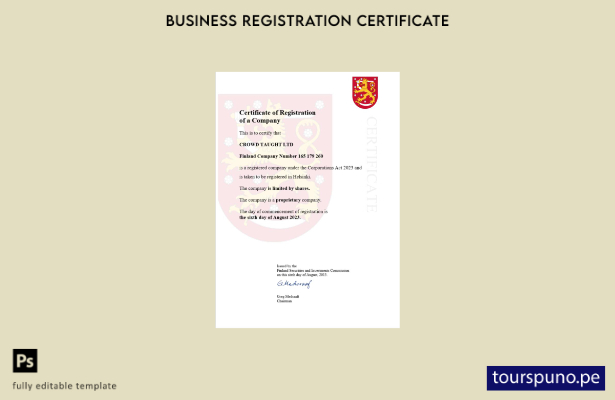 listo para imprimir Plantilla de certificado de registro de Finlandia Plantilla
