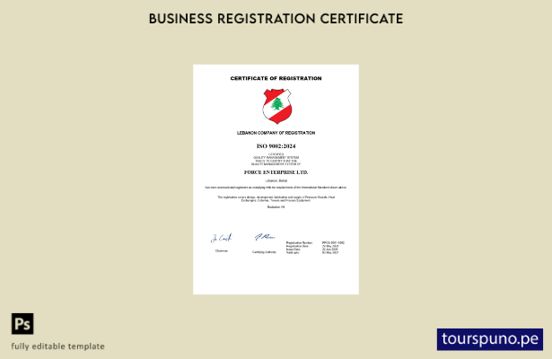 listo para imprimir Plantilla de certificado de registro de empresa de Líbano Pl