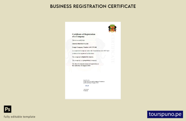 listo para imprimir Plantilla de plantilla de certificado de registro de Congo e