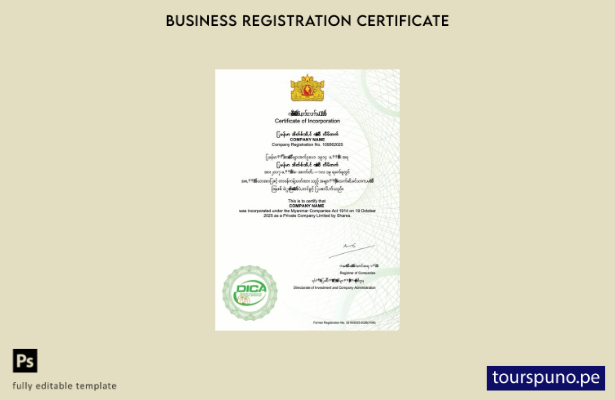 listo para imprimir certificado de incorporación de Myanmar Plantilla de Word y