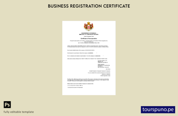 listo para imprimir certificado de registro comercial de Mónaco Plantilla de pla