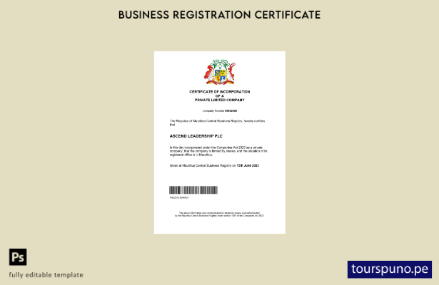 listo para imprimir certificado de registro comercial de Mauricio Plantilla de p