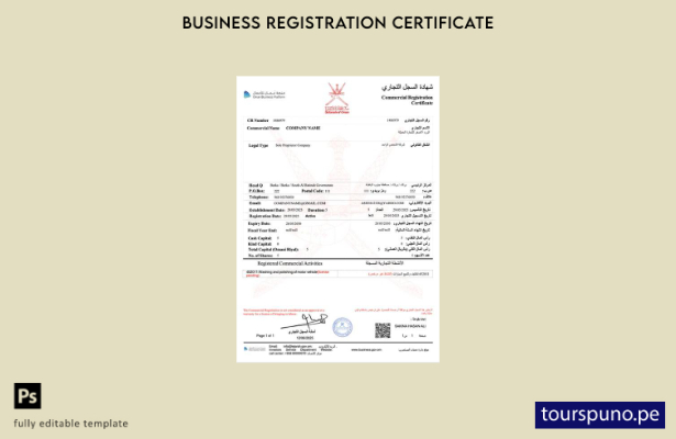 listo para imprimir certificado de registro comercial de Omán Plantilla de Word