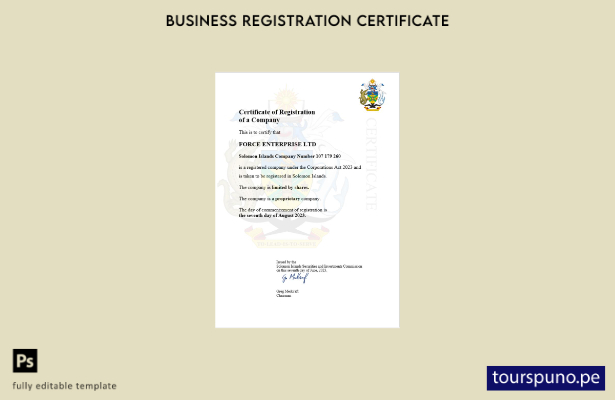 listo para imprimir certificado de registro comercial de las Islas Salomón Plant