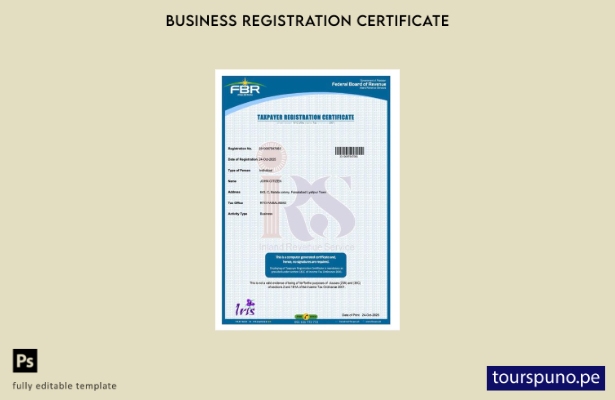 listo para imprimir certificado de registro de contribuyente de Pakistán Plantil