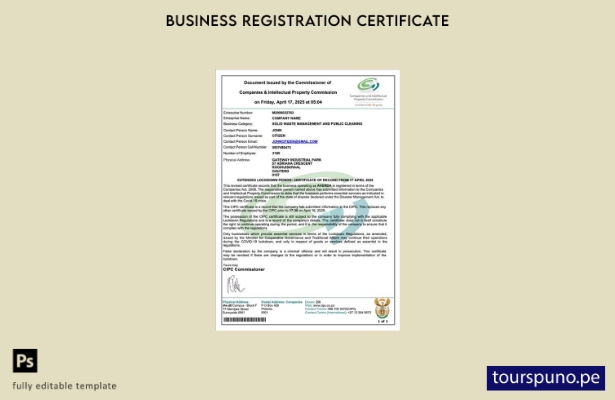 listo para imprimir certificado de registro de empresa de Sudáfrica Plantilla  2