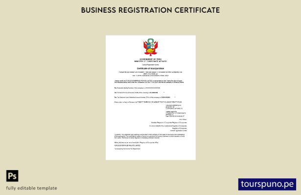 listo para imprimir certificado de registro empresarial de Perú Plantilla de pla