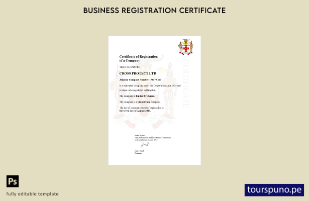 listo para imprimir plantilla de plantilla de certificado de registro de Jamaica